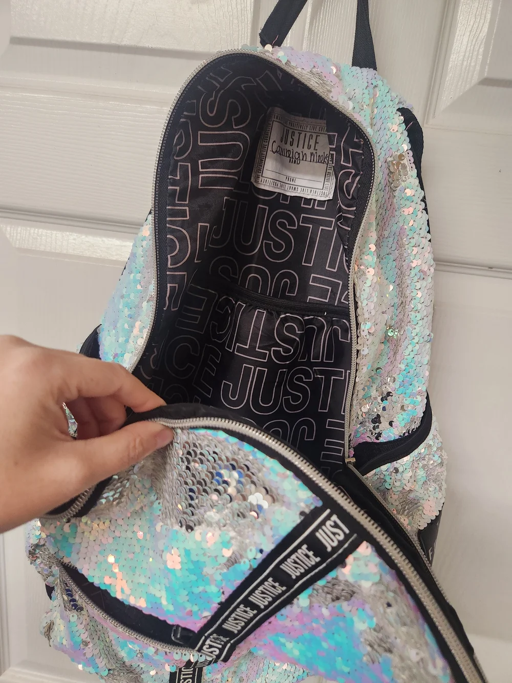 Justice Iridescent Sequin Tote Bag with Black Straps - Pastel Hues